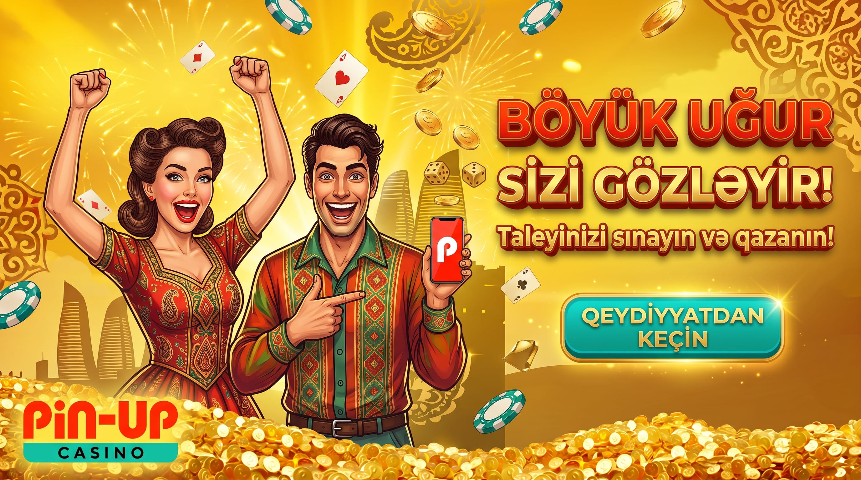 Bonus və qeydiyyat əhvalı: sevinc dolu cütlük telefonu göstərir, böyük uğur yazısı və qızıl dekor görünür